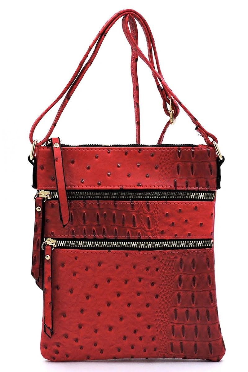 Ostrich Embossed Multi Zipper Pocket Crossbody